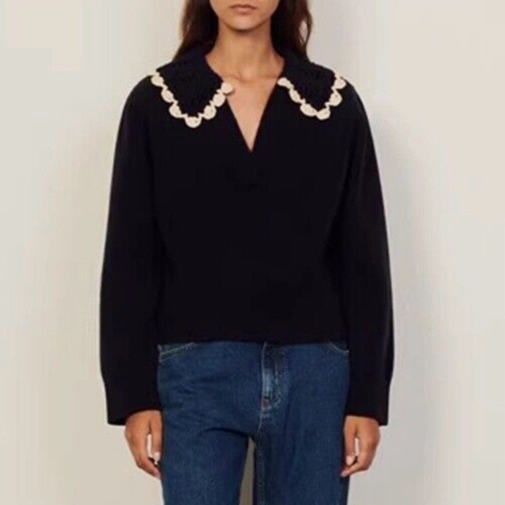 Maje Black V-Neck Sweater with Cream Accents